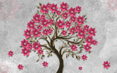  3D white blossom Tree Wallpaper  on a textured background, suitable for wall , panels, curtains , Wall art ..