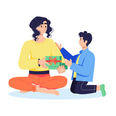 A captivating flat illustration of son gifting mom 