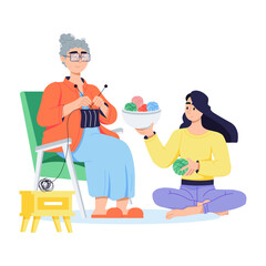 A handy flat illustration of grandma knitting 