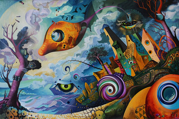 Abstract oil painting on canvas in the style of surrealism