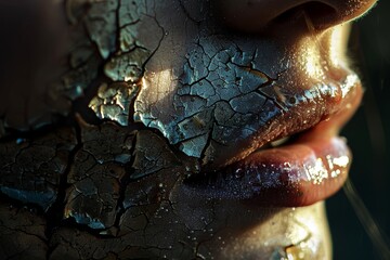 Obraz premium A close-up of a woman's face with dry, cracked skin. Her lips are slightly parted and her eyes are closed. The image is dark and moody.