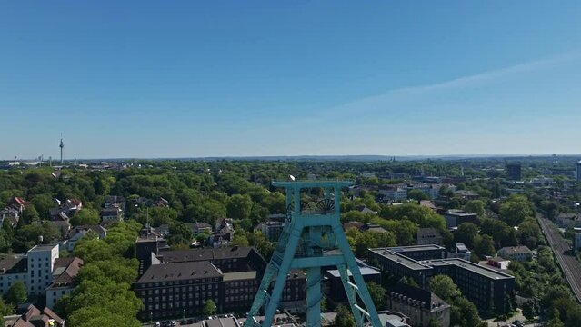 Aerial drone view of the German Mining Museum, also known as Deutsches Bergbau-Museum Bochum. This major museum showcases the history and technology of mining, featuring mineral specimens .