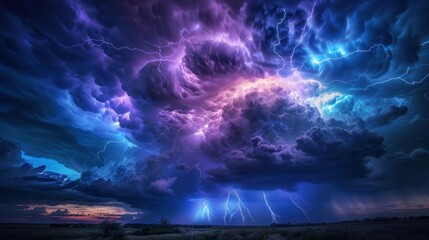 A dramatic thunderstorm scene, with lightning illuminating the dark clouds and landscape below, capturing the powerful energy of nature