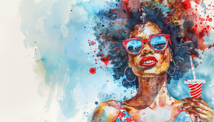 A woman with red lips and a big afro wig watercolor
