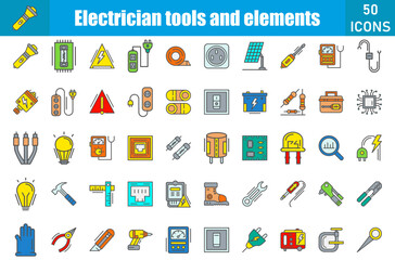 Electrician tools and element icon set. Containing Flashlight,Danger,Telephone Stock,Electric Meter,Swtich,Plug,Protect,Fuse,Capacitor,Fuse Box,Power Strip,
Insulating Tape and more. Vector web icons 