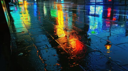 An urban night scene, where street lamps create pools of yellow light on a rain-soaked pavement, reflecting the city's neon signs