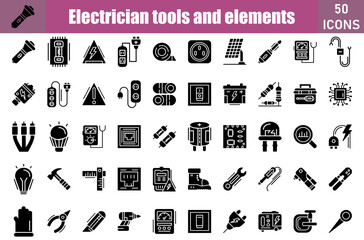 Electrician tools and element icon set. Containing Flashlight,Danger,Telephone Stock,Electric Meter,Swtich,Plug,Protect,Fuse,Capacitor,Fuse Box,Power Strip,
Insulating Tape and more. Vector web icons 