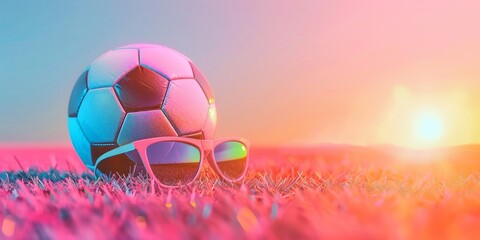 Close-up of soccer ball with sunglasses. Neon pink lights on green grass on a sunny summer day.