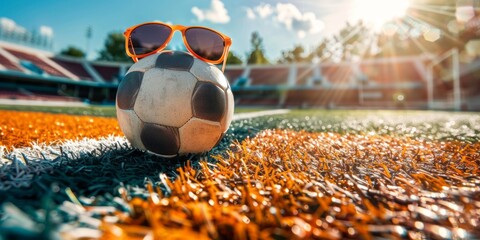 Close-up of soccer ball with sunglasses in sports stadium. Sunny summer day at the football stadium.