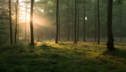 Fototapeta na wymiar A forest clearing bathed in the soft light of dawn upscaled 6
