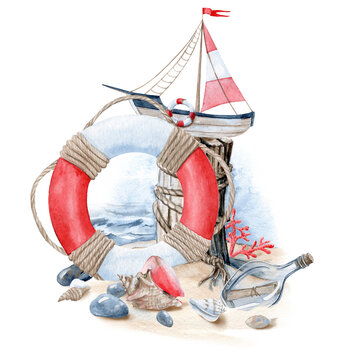 recommend clip art: Aquarelle Hand Drawn illustration. Life Preserver and  a toy boat on The Mooring Bollard