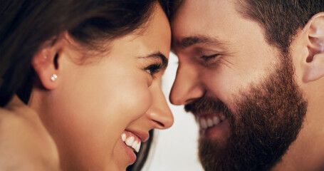Couple, people and home smile with forehead touch together and support on closeup. Relationship,...