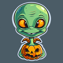 Obraz premium Cartoon Alien Celebrates Halloween Sticker,vector image