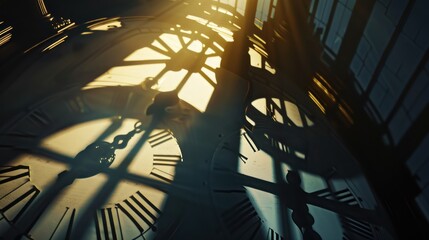 A surreal depiction of time as light, with clock hands casting shadows that morph into different...