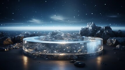 Luminous crystal podium under a starry night sky for a highend jewelry showcase concept.