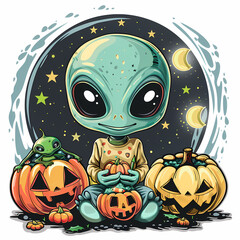 Cartoon Alien Celebrates Halloween Sticker,vector image