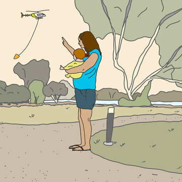 Woman holding baby pointing to water bomber above river in bushfire area