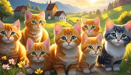 Jeunes chats roux à la campagne.