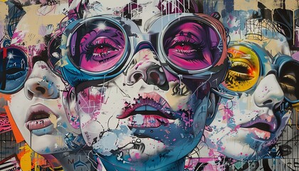 Explore a dystopian urban jungle through the fusion of unexpected camera angles with vibrant street art Photorealistic details intertwine with rebellious expressions