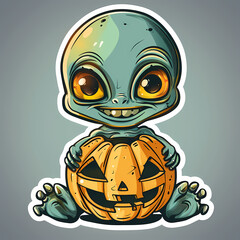 Cartoon Alien Celebrates Halloween Sticker,vector image