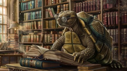 Obraz premium In a library, a wise tortoise in glasses peruses ancient texts, a scholarly banner draped across the shelves