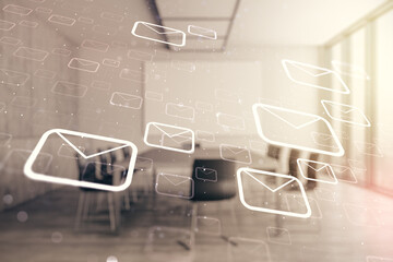 Double exposure of abstract virtual postal envelopes hologram on a modern meeting room background....