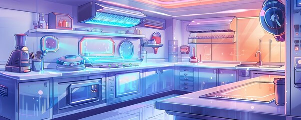 Explore a side view of a futuristic kitchen where holographic ingredients blend with metallic utensils under neon lighting Provide unexpected camera angles to capture the fusion of