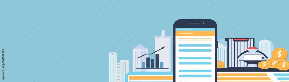 Wall mural simple flat design of a mobile banking app interface with essential features and a solid background