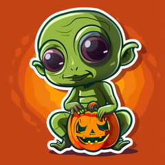 Obraz premium Cartoon Alien Celebrates Halloween Sticker,vector image