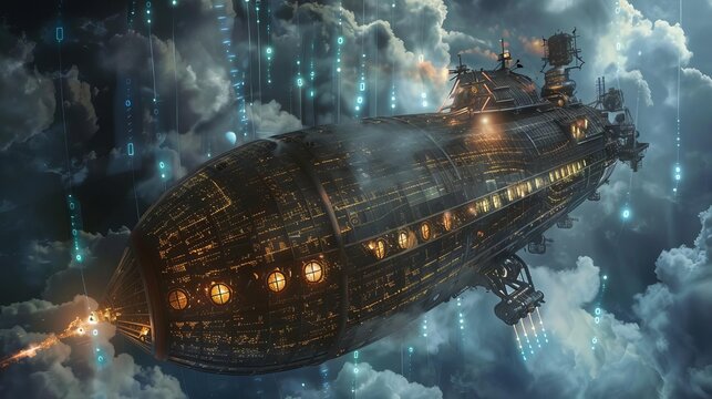 Steampunk airship navigating through stormy data clouds, hunting the source of a mechanical virus corrupting the fleet