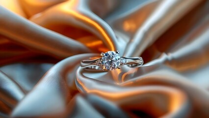 Sparkling engagement ring on silky fabric elegant and luxurious. Concept Engagement Ring, Silky Fabric, Elegant, Luxurious, Sparkling