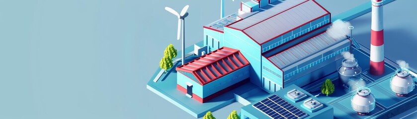 Industrial energy buildings presented in isometric design depict various sustainable power sources like wind and solar, Sharpen banner with space for text