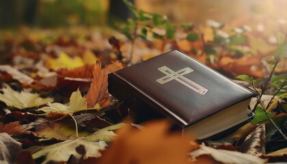 The Bible nestled amond colorful autumn leaves.