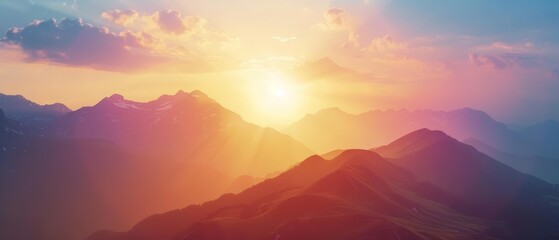 Majestic mountains bathed in the glow of sunset offer a breathtaking view, Sharpen banner template with copy space on center