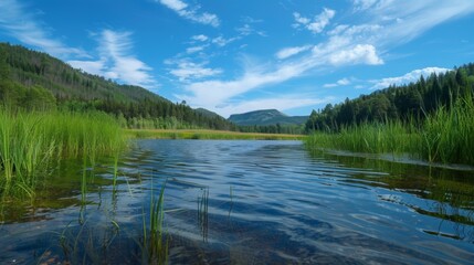 Naklejka premium A river with grass and trees in the background, AI