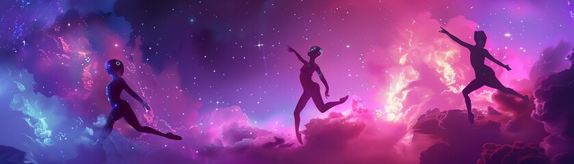 Illustrate a harmonious blend of sleek, metallic robotic ballet performers gracefully pirouetting against a backdrop of swirling cosmic clouds and pulsating neon stars