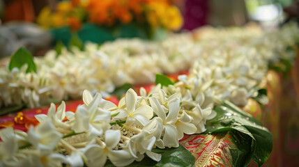 Jasmine garlands are placed on the cloth to make merit. Many people may hear this word often.