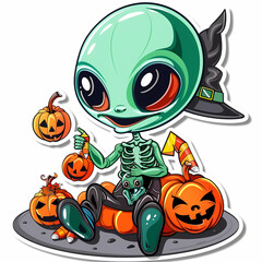 Cartoon Alien Celebrates Halloween Sticker,vector image
