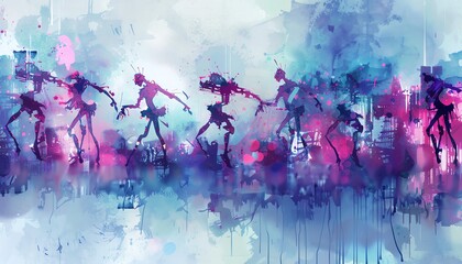 Illustrate a mesmerizing scene of robotic ballerinas gracefully leaping amidst glowing beams of changing hues