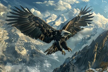 On a mountain peak, an eagle spreads its wings wide, its majestic form complemented by an inspiring banner fluttering in the wind