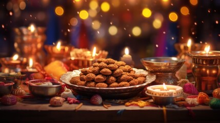 Fototapeta premium Diwali, with colorful lights, traditional attire, 