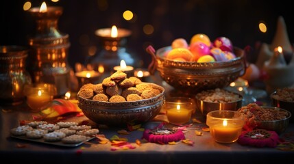 Obraz premium Diwali, with colorful lights, traditional attire, 