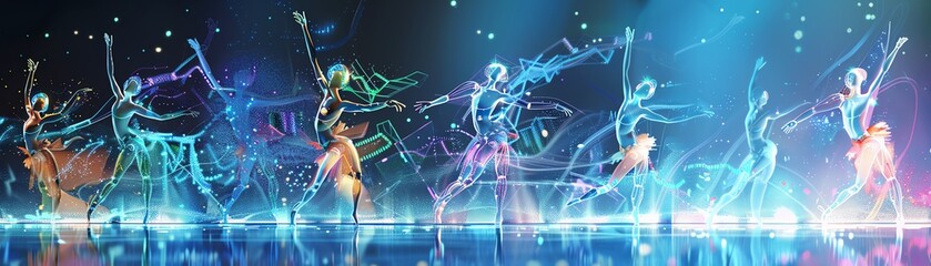 Illustrate a scene of neonlit robotic ballerinas performing a breathtaking ballet fusion routine, seamlessly blending delicate ballet movements with advanced futuristic technology