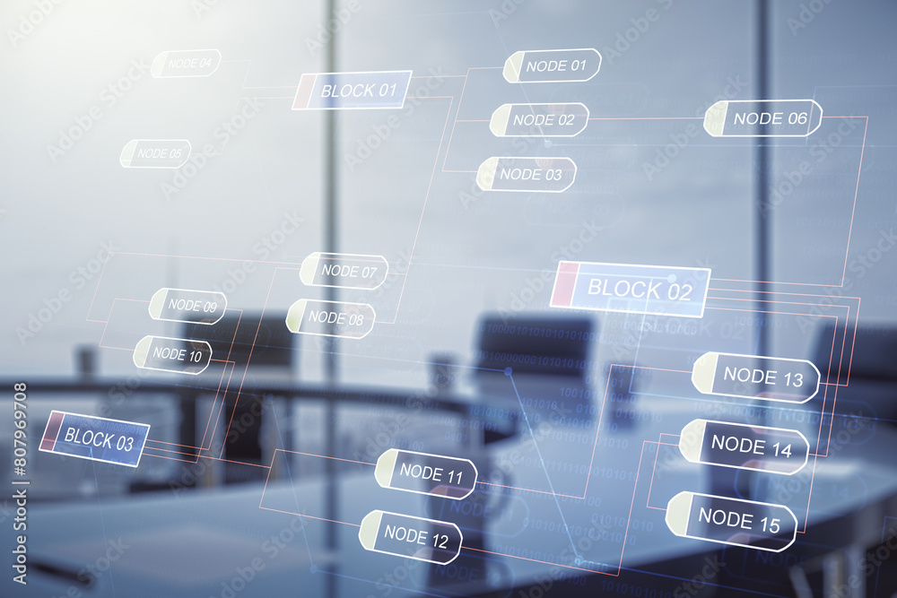 Poster Multi exposure of abstract creative coding sketch on a modern conference room background, artificial intelligence and neural networks concept