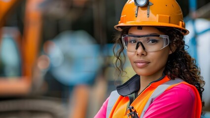 Portrait of a female construction worker in safety gear at a site. Concept Portrait Photography, Construction Theme, Female Empowerment, Safety Gear, Outdoor Location