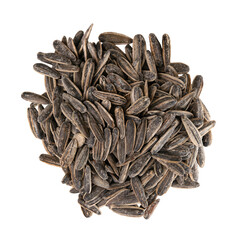 A pile of salted sunflower seeds snack isolated on a transparent background, viewed from above