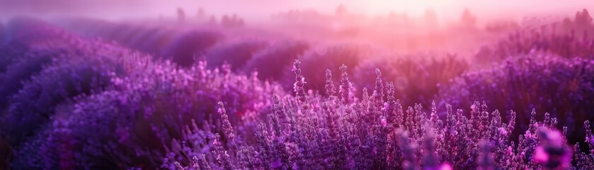 Naklejka premium Sunrise unfurls over a misty lavender field on gentle hills, awakening the land, Sharpen banner template with copy space on center