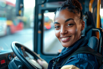 close up of an African American Female Bus Driver sitting behind steering wheel Smiling at Camera