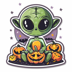 Cartoon Alien Celebrates Halloween Sticker,vector image