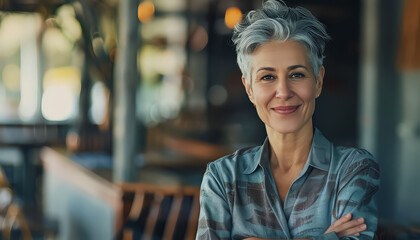 A woman with grey hair is smiling and standing in front of a potted plant - Powered by Adobe